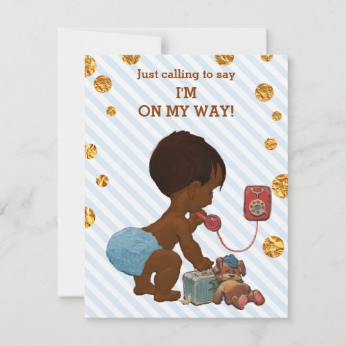 Ethnic Boy On Phone Stripes Gold Dots Baby Shower Invitation