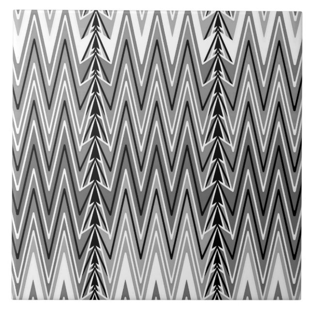 Ethnic Chevron Damask, Gray, Black and White Ceramic Tile (Front)