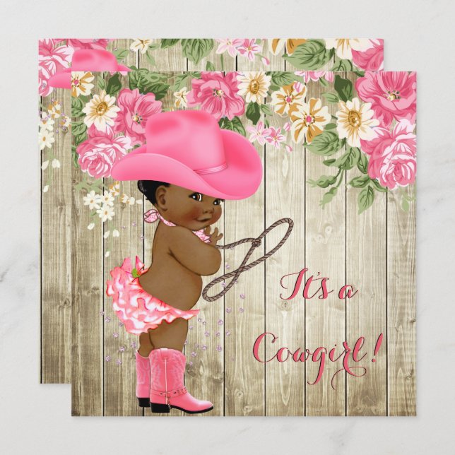 Ethnic Cowgirl Baby Shower Pink Boots Floral Invitation (Front/Back)