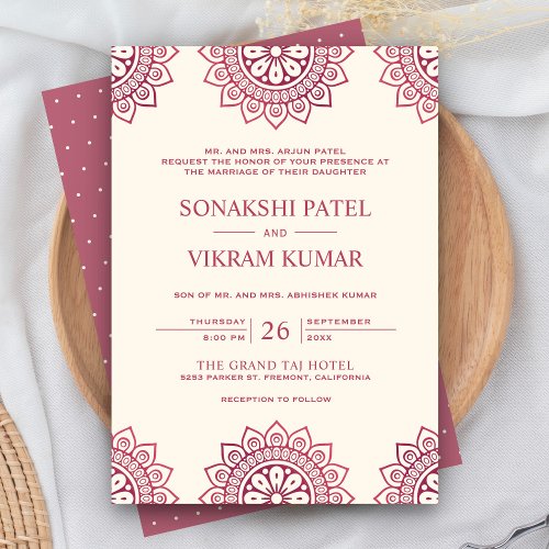 Ethnic Cream and Pink Mandala Indian Wedding Invitation