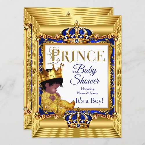 Ethnic Dark Golden Prince Baby Shower Blue Gold Invitation