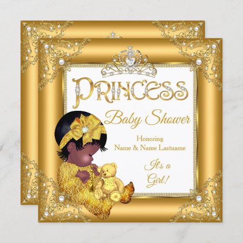 Ethnic Dark Princess Baby Shower Gold White Bear Invitation