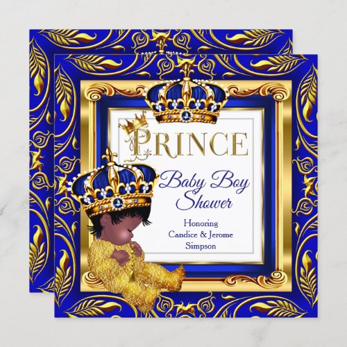 Ethnic Dark Royal Prince Baby Shower Blue Gold Invitation