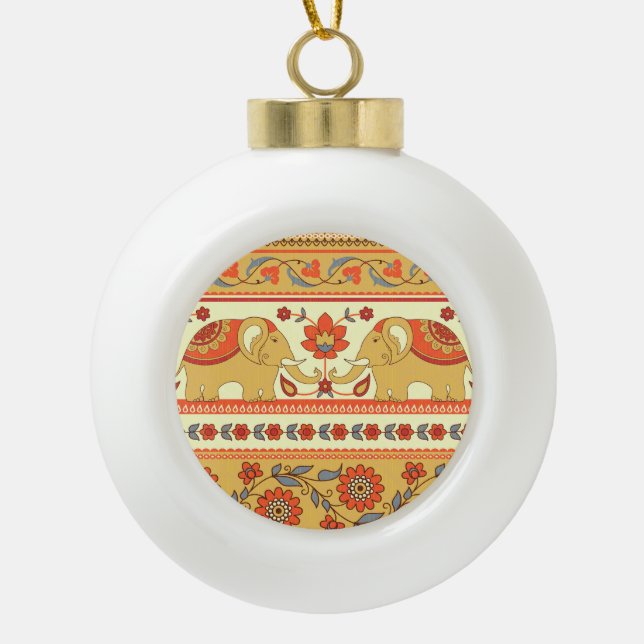 Ethnic elephants, flowers, seamless pattern. ceramic ball christmas ornament (Front)