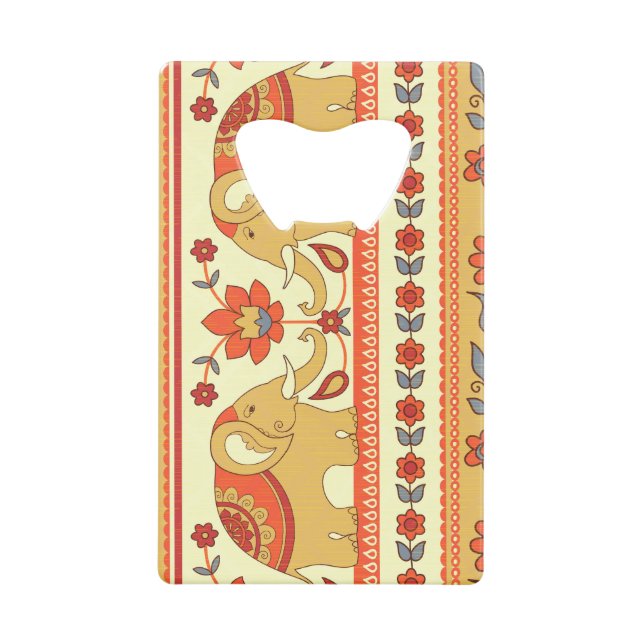 Ethnic elephants, flowers, seamless pattern. credit card bottle opener (Front)
