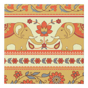Ethnic elephants, flowers, seamless pattern. faux canvas print