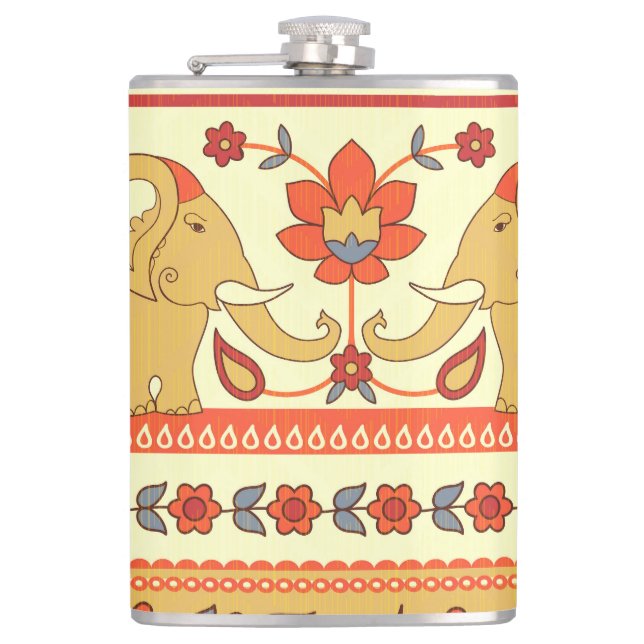 Ethnic elephants, flowers, seamless pattern. flask (Front)