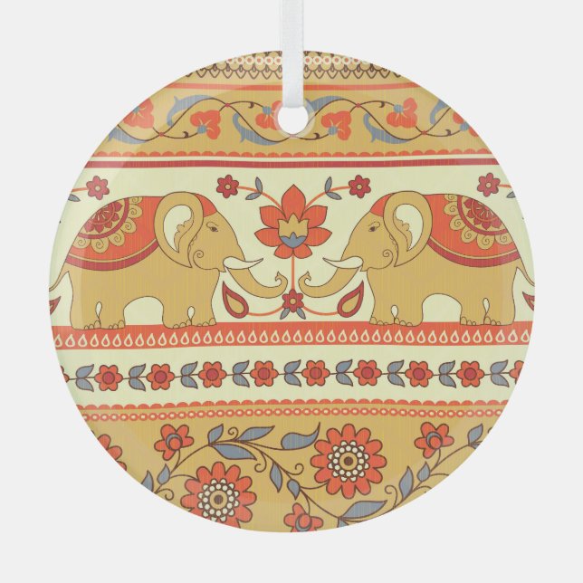 Ethnic elephants, flowers, seamless pattern. glass ornament (Front)