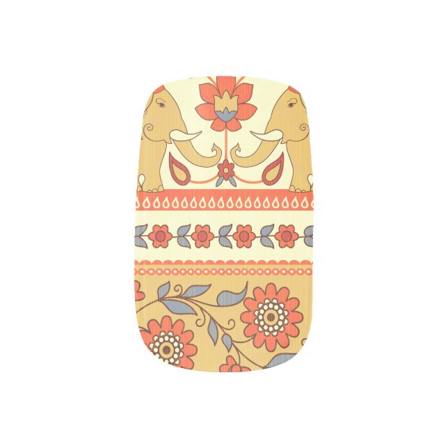 Ethnic elephants, flowers, seamless pattern. minx nail art (Left Thumb)