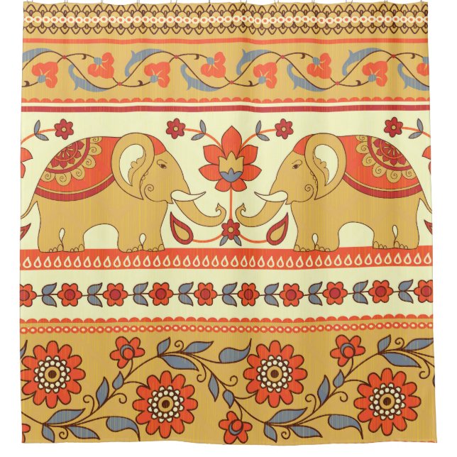 Ethnic elephants, flowers, seamless pattern. shower curtain (Front)