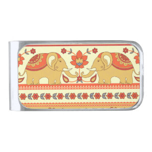 Ethnic elephants, flowers, seamless pattern. silver finish money clip