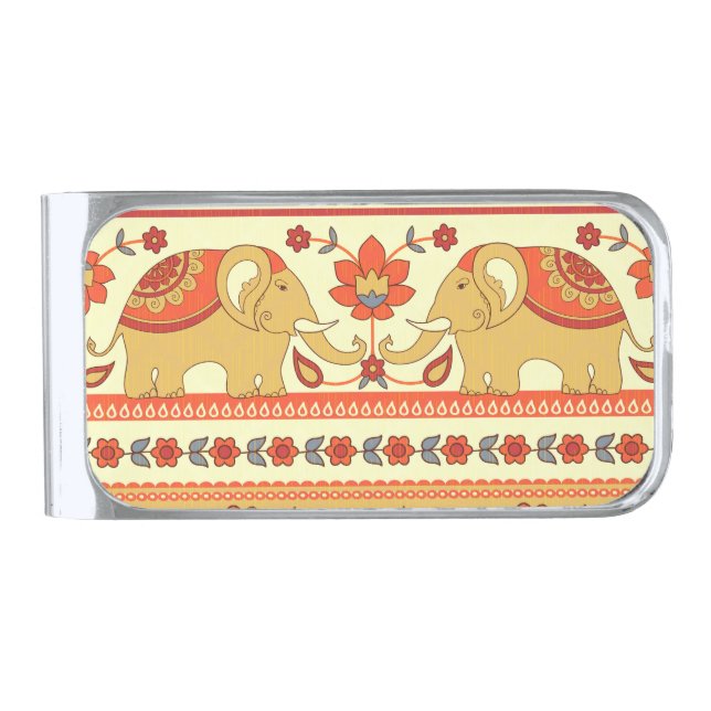 Ethnic elephants, flowers, seamless pattern. silver finish money clip (Front)