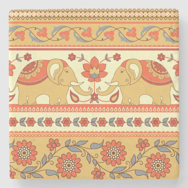 Ethnic elephants, flowers, seamless pattern. stone coaster (Front)