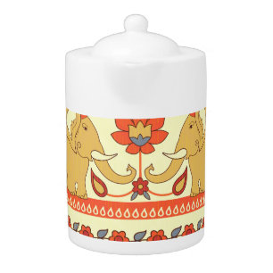 Ethnic elephants, flowers, seamless pattern. teapot