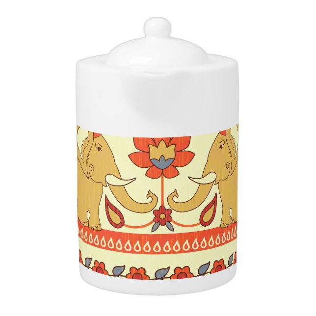 Ethnic elephants, flowers, seamless pattern. teapot (Front)