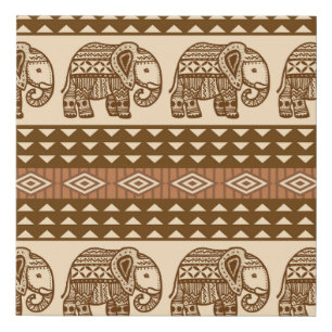 Ethnic Elephants Geometric Vintage Pattern Faux Canvas Print