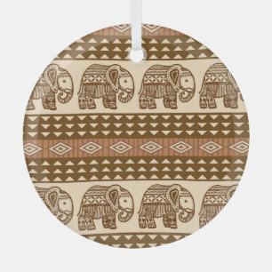 Ethnic Elephants Geometric Vintage Pattern Glass Ornament