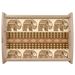Ethnic Elephants Geometric Vintage Pattern Serving Tray