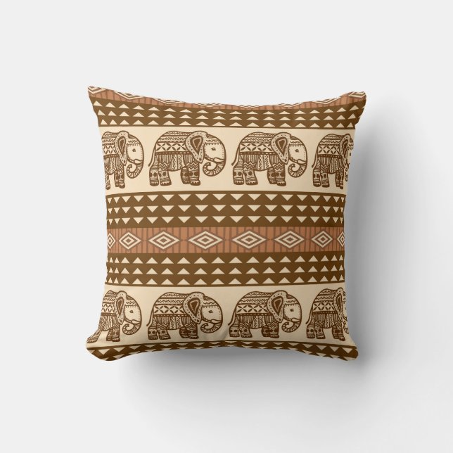 Ethnic Elephants Geometric Vintage Pattern Throw Pillow (Front)