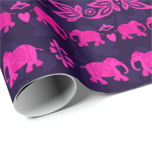 Ethnic Elephants Pink and Blue Patterned Wrapping Paper