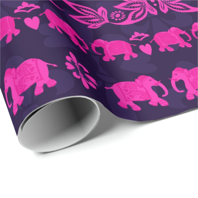 Ethnic Elephants Pink and Blue Patterned Wrapping Paper (Roll Corner)
