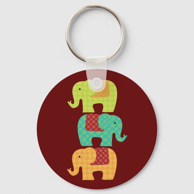 Ethnic Elephants with Flowers on Maroon Red Keychain (Front)