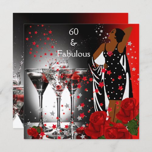 Ethnic Fabulous 60th Birthday Red Roses Martini Invitation