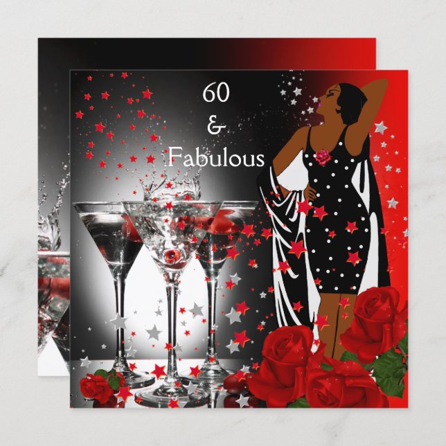 Ethnic Fabulous 60th Birthday Red Roses Martini Invitation (Front/Back)