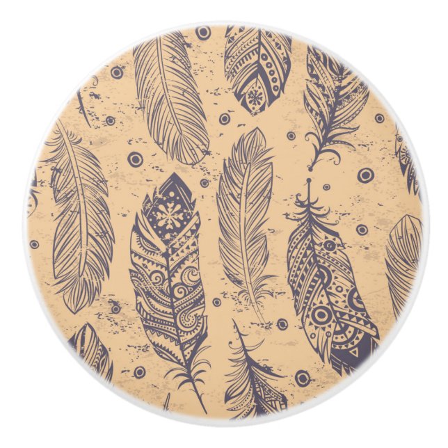 Ethnic Feather Outline Pattern Ceramic Knob (Front)