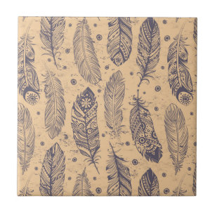 Ethnic Feather Outline Pattern Ceramic Tile