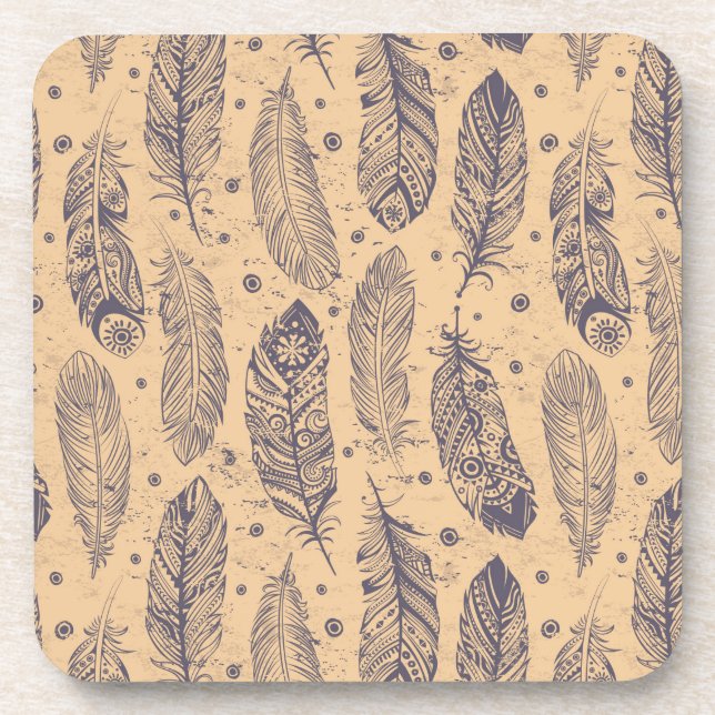 Ethnic Feather Outline Pattern Drink Coaster (Front)