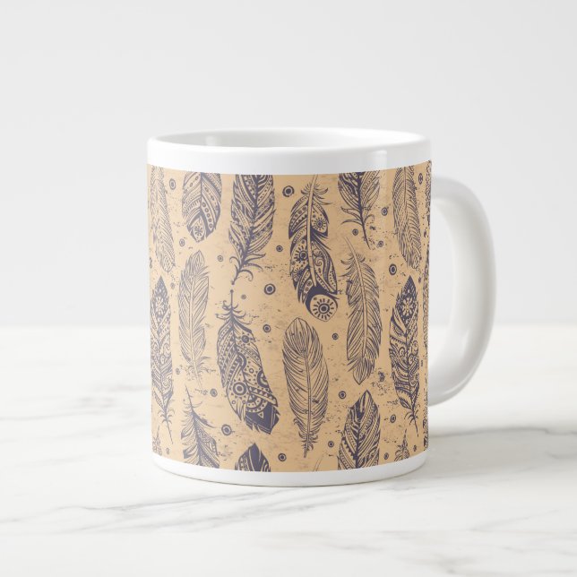 Ethnic Feather Outline Pattern Giant Coffee Mug (Front Right)