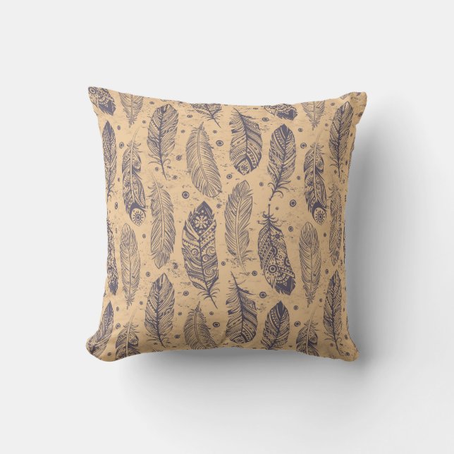 Ethnic Feather Outline Pattern Throw Pillow (Front)