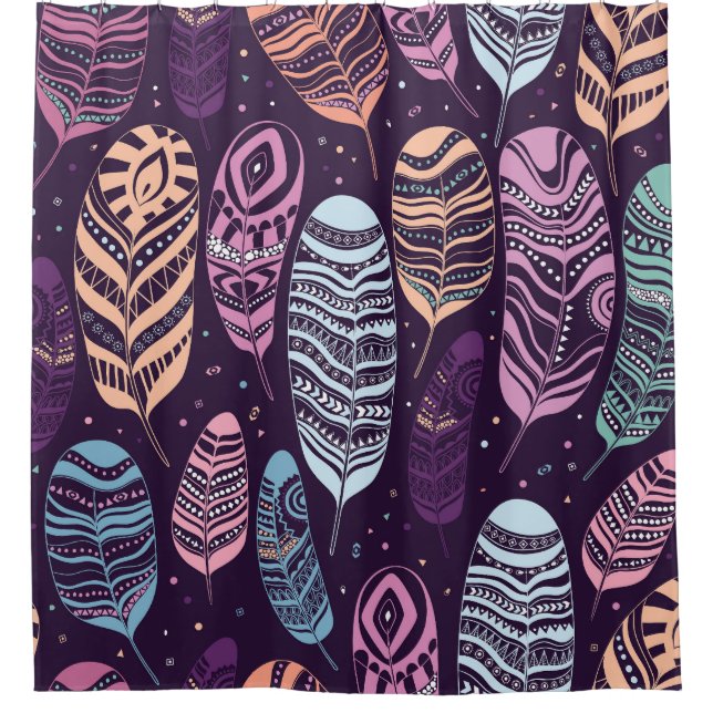 Ethnic feathers: black and white pattern shower curtain (Front)