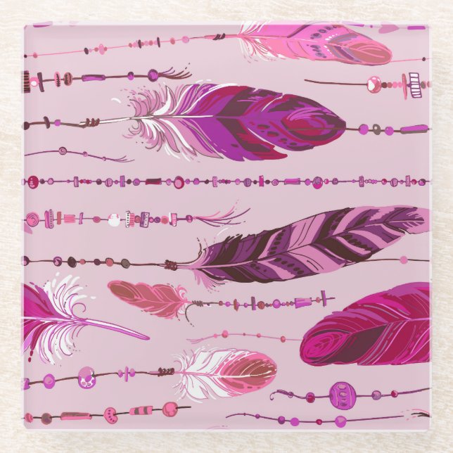 Ethnic Feathers: Bright Colored Pattern. Glass Coaster (Front)