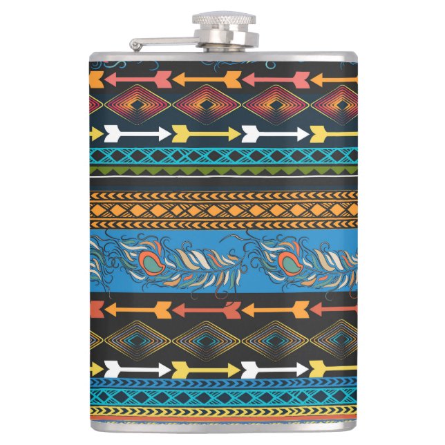 Ethnic Feathers: Embroidery Boho Chic Flask (Front)