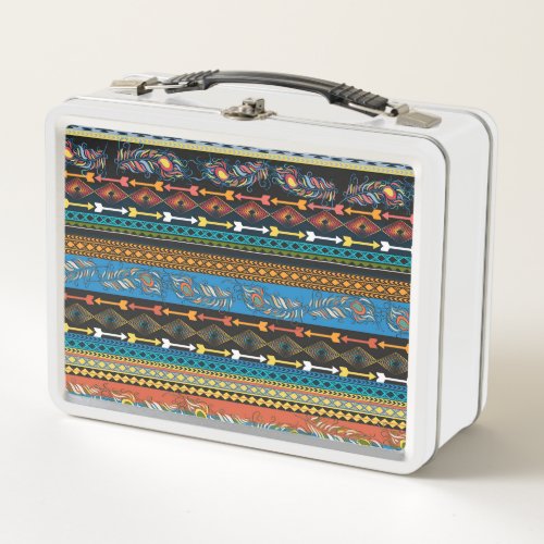 Ethnic Feathers Embroidery Boho Chic Metal Lunch Box