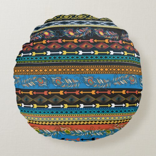 Ethnic Feathers Embroidery Boho Chic Round Pillow