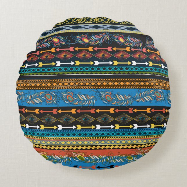 Ethnic Feathers: Embroidery Boho Chic Round Pillow (Front)