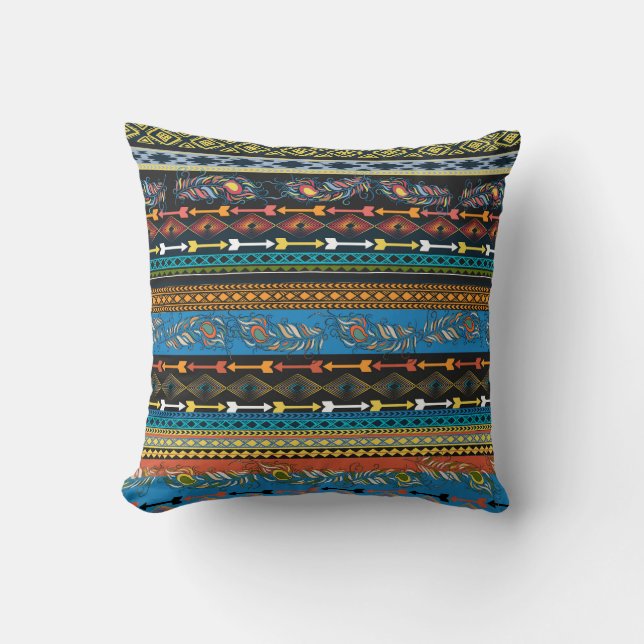 Ethnic Feathers: Embroidery Boho Chic Throw Pillow (Front)