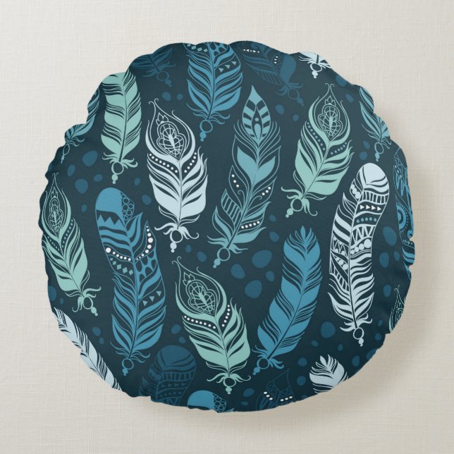 Ethnic feathers seamless pattern round pillow (Front)