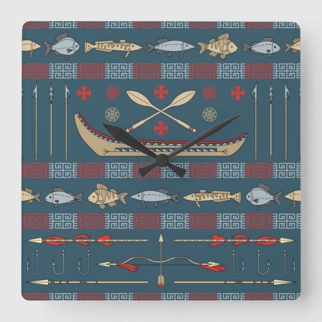 Ethnic Fishing Pattern Square Wall Clock (Front)