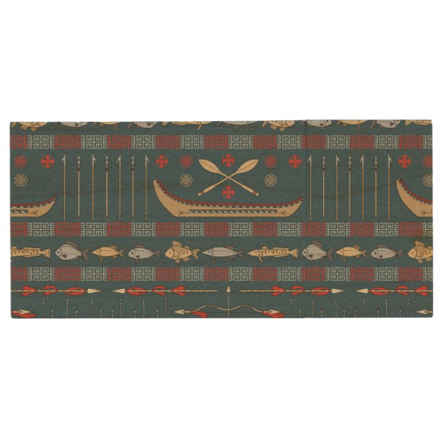Ethnic Fishing Pattern Wood USB Flash Drive (Front)