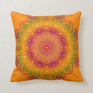 Ethnic floral mandala on orange background. throw pillow