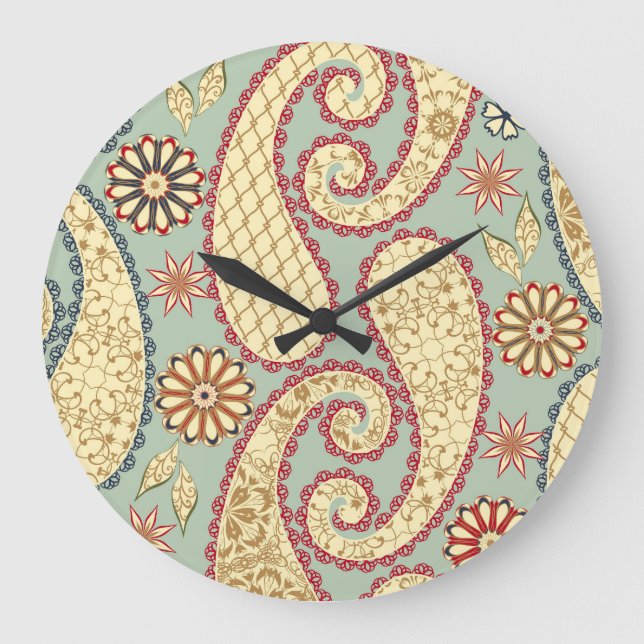 Ethnic floral, paisley vintage style. large clock (Front)