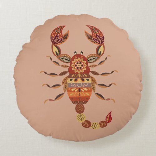 Ethnic Floral Scorpion Round Pillow