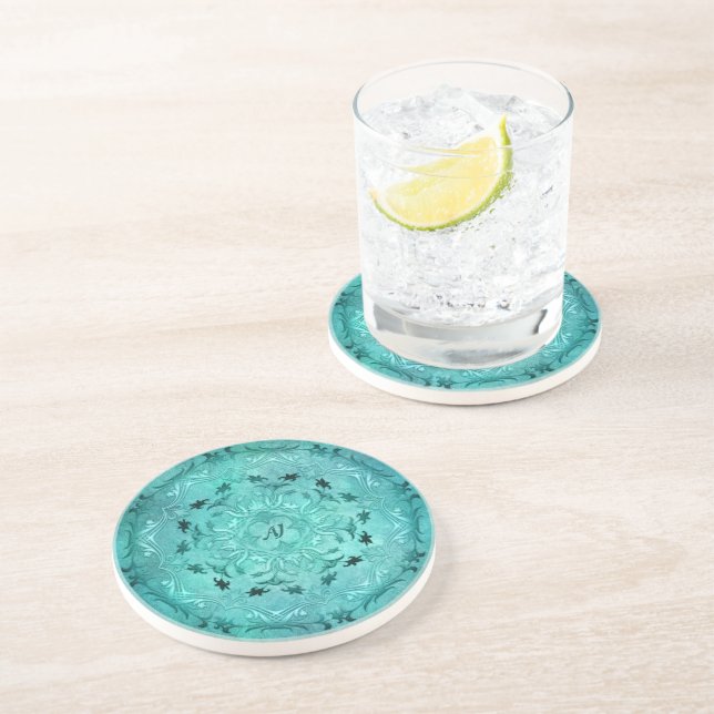 Ethnic floral turquoise grunge mandala coaster (Side)