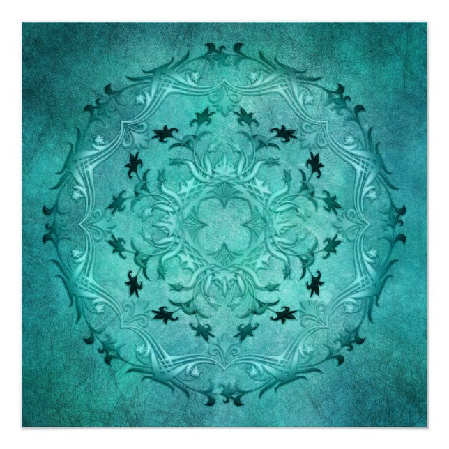 Ethnic floral turquoise grunge mandala. poster (Front)