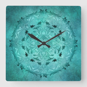 Ethnic floral turquoise grunge mandala square wall clock