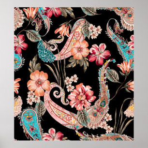 Ethnic flowers and leaves with paisley vintage ele poster